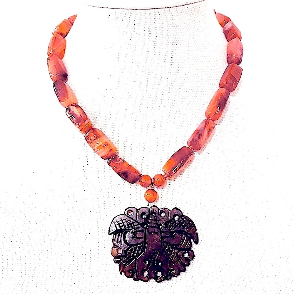 Cornelian Bead & Brown Jadeite Statement Necklace - Picture 3 of 5